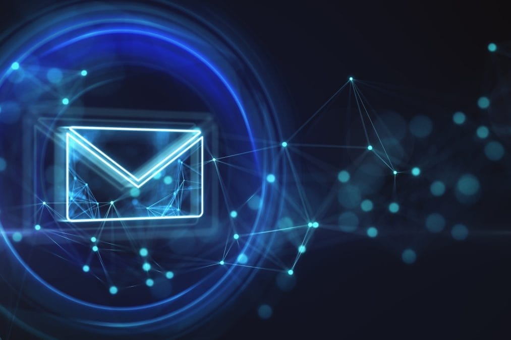 mail letter communication concept with digital glowing envelope icon technological circle dark background with geometrical lines blurred dots 3d rendering